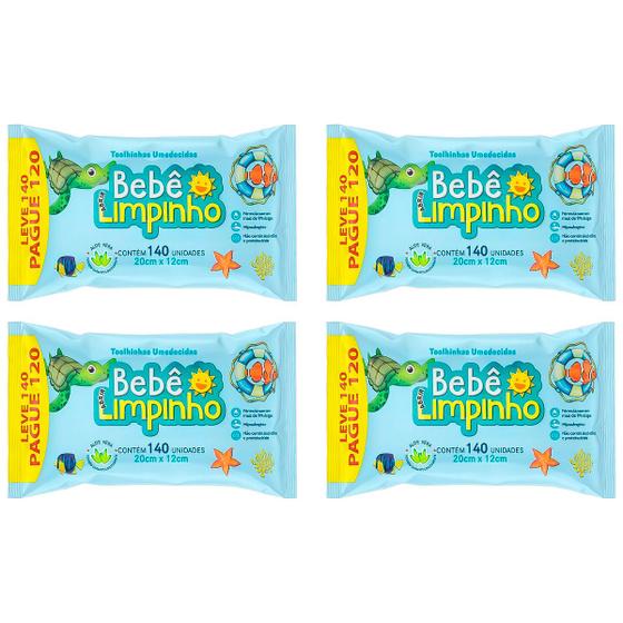 Imagem de Kit 4x Toalhas Umedecidas Bebê Limpinho Com Aloe Vera 140Un Cada