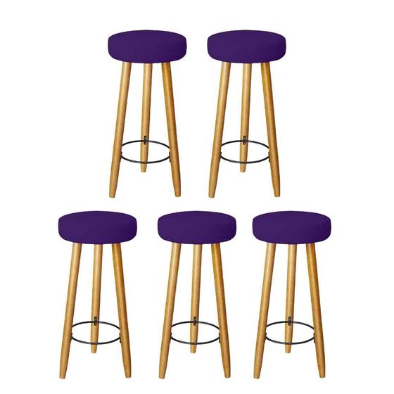 Imagem de Kit 5 Banqueta Alta Elegance Bar Balcão Cozinha Bancada Pé Castanho Suede Roxo - Móveis Mafer