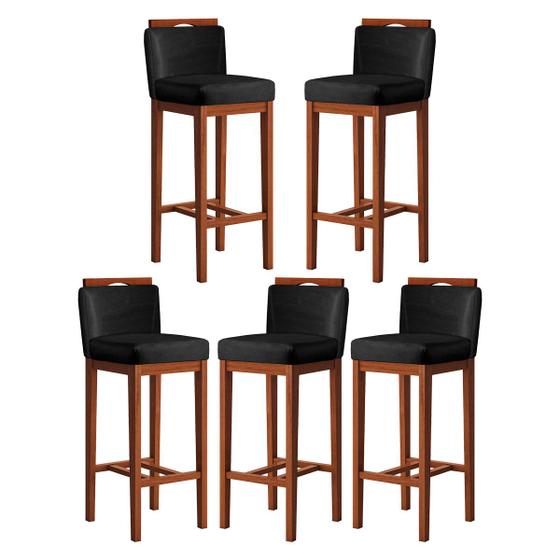 Imagem de Kit 5 Banquetas Alta para Bancada Gourmet 38x102 Cm Líbia Madeira Maciça Suede Preto CCS