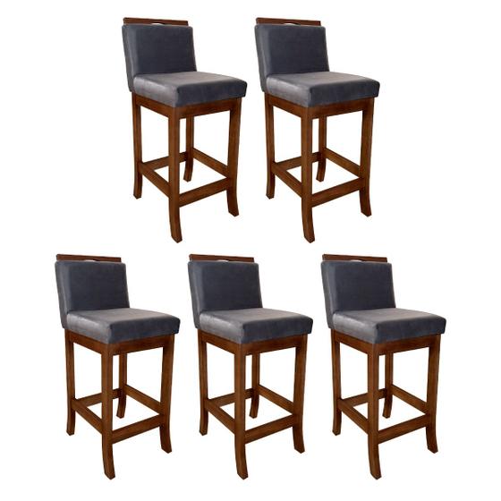 Imagem de Kit 5 Banquetas Média Estofada para Bancada Gourmet 38 x 92Cm Turim Madeira Maciça Suede Cinza CCS