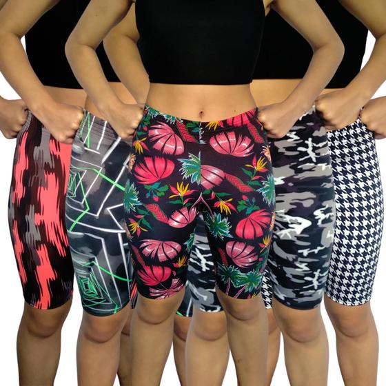Imagem de Kit 5 Bermudas Femininas Justas Elástico Estampas Sortidas Suplex PP ao Plus Size
