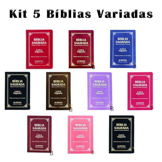 Imagem de Kit 5 Biblias Sagrada Letra Gigante Luxo Popular Variadas - Com Harpa - RC - REI DAS BIBLIAS