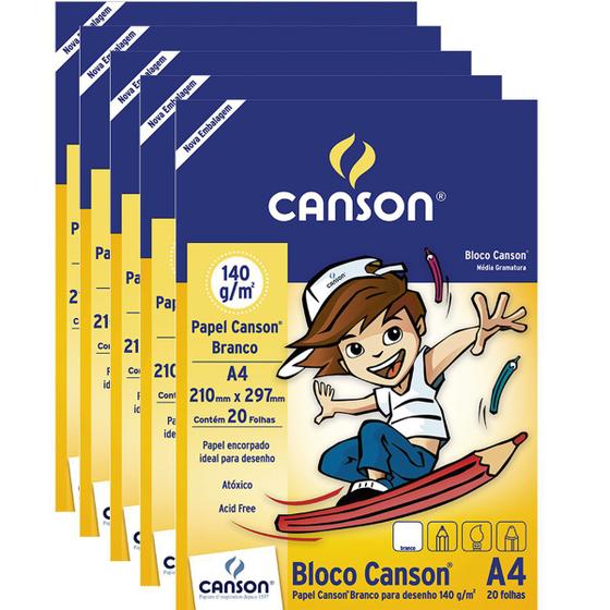 Imagem de Kit 5 Blocos Canson A4 20 folhas cada Gramatura 140g Branco Ideal para Desenho Técnico Profissional ou Infantil