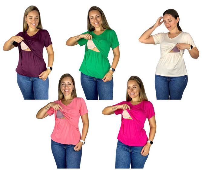 Imagem de Kit 5 Blusas Amamentação Viscolycra Premium Gestante Amamentar Camiseta Manga Curta Gola V