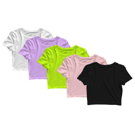 Imagem de Kit 5 Blusas Cropped Blusinha Camiseta Feminina Lisa