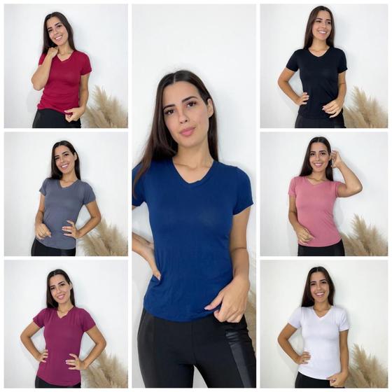 Imagem de Kit 5 Blusas Femininas Gola V Manga Curta