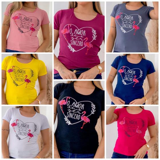 Imagem de KIT 5 Blusas Femininas T-shirt flamingo Manga curta