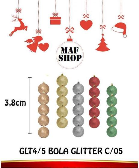 Imagem de Kit 5 Bolas Arvore de Natal Gritter 3,8cm 5 Cores Linha Luxo