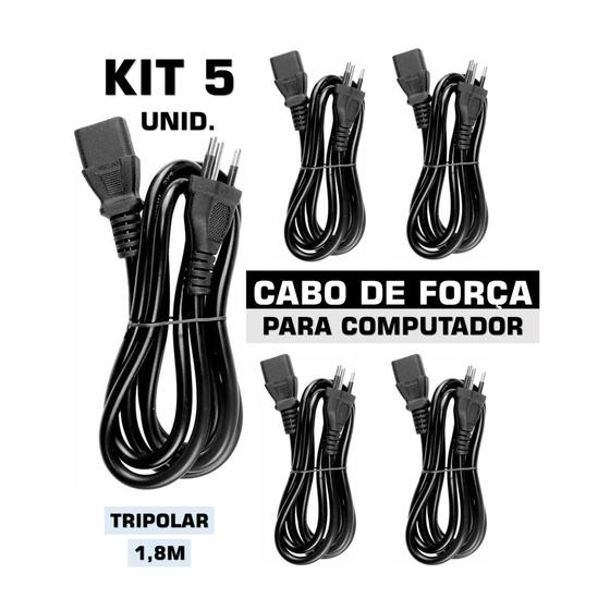 Imagem de KIT 5 Cabos de Energia para Computador PC - Inova Cabo de Força Tripolar