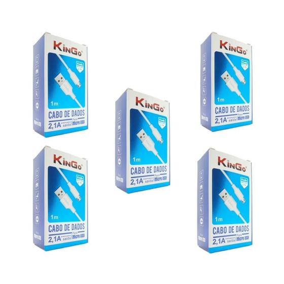 Imagem de Kit 5 Cabos USB V8 Branco Kingo 1m 2.1A p/ Galaxy J5 Pro
