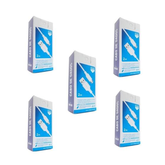 Imagem de Kit 5 Cabos Usb V8 Kingo Branco 2M 2.1A Para Galaxy A01 Core