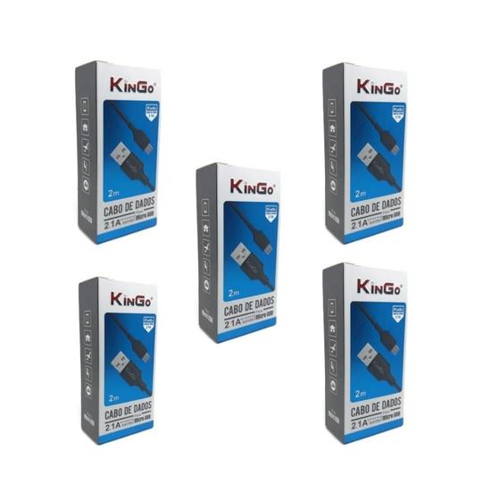 Imagem de Kit 5 Cabos USB V8 Kingo Preto 2m 2.1A para Galaxy J4 Plus