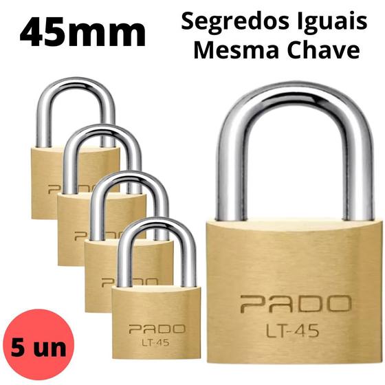 Imagem de Kit 5 Cadeado Pado 45mm Mesmo Segredos Iguais Mesma Chave