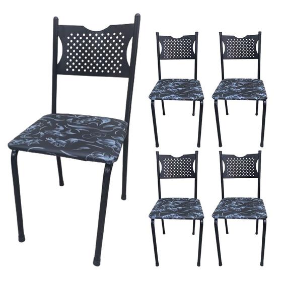 Imagem de Kit 5 Cadeira para Cozinha MC Tubular Almofadada Estrutura Preta com Assento Floral
