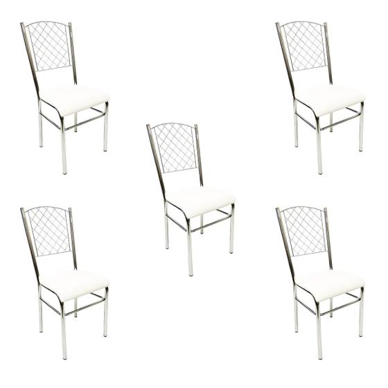 Imagem de Kit 5 Cadeiras de Cozinha com reforço cromada encosto grade assento branco - Poltronas do Sul