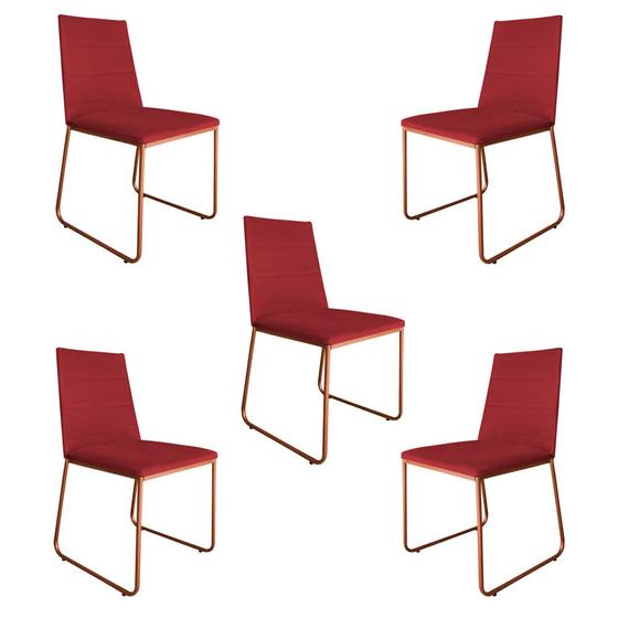 Imagem de Kit 5 Cadeiras de Jantar Estofada Lille Base Bronze Veludo Vermelho - Montanaris Decor