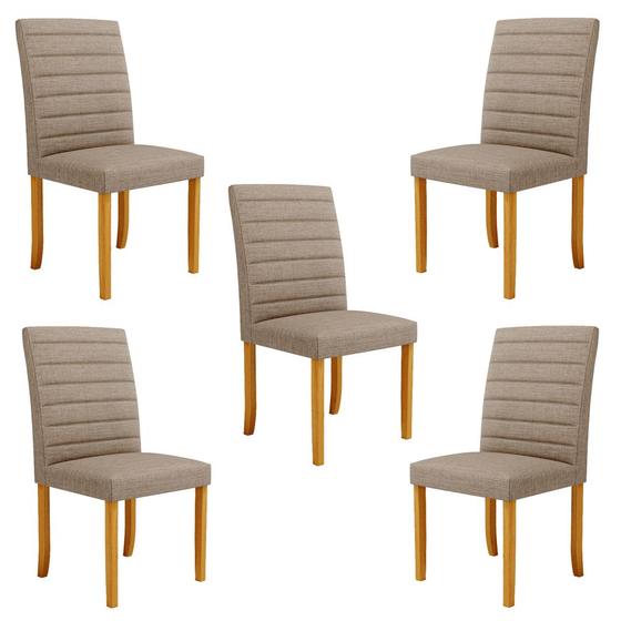 Imagem de Kit 5 Cadeiras de Sala de Jantar Estofadas Veiga Madeira Maciça Linho Bege Escuro G78 - Gran Belo