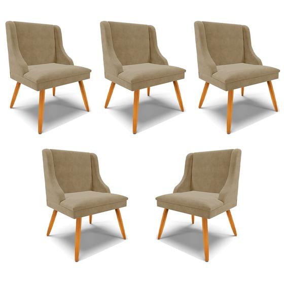 Imagem de Kit 5 Cadeiras Decorativas Sala de Jantar Pés Palito de Madeira Firenze Suede Nude/Natural G19 - Gran Belo
