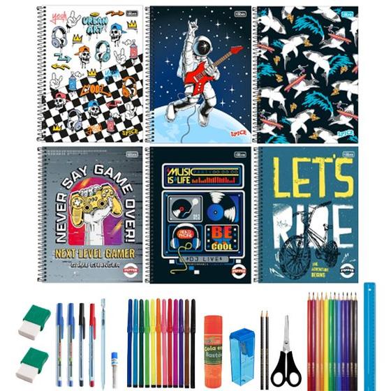 Imagem de Kit 5 Caderno Grande A4 Arame Espiral Com Reforçado Capa Dura Com 40 Itens Materiais Escolares