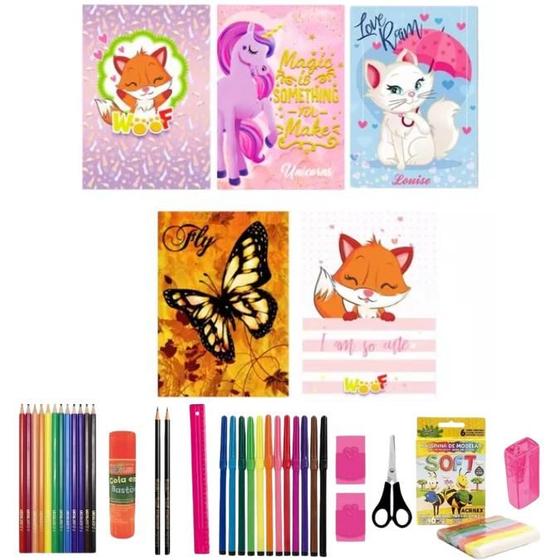 Imagem de Kit 5 Caderno Grande Diferente 96 Fls Capa Dura Com 38 Itens