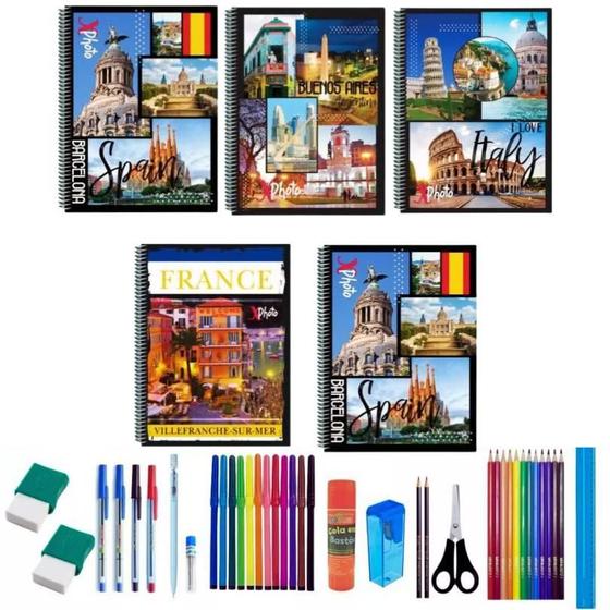 Imagem de Kit 5 Caderno Photo 96 Folhas Arame Capa Dura Com 36 Itens
