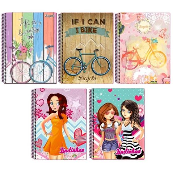 Imagem de Kit 5 Cadernos Com Pauta Grande A4 Arame Espiral Capa Dura Reforçado Tema Meninas
