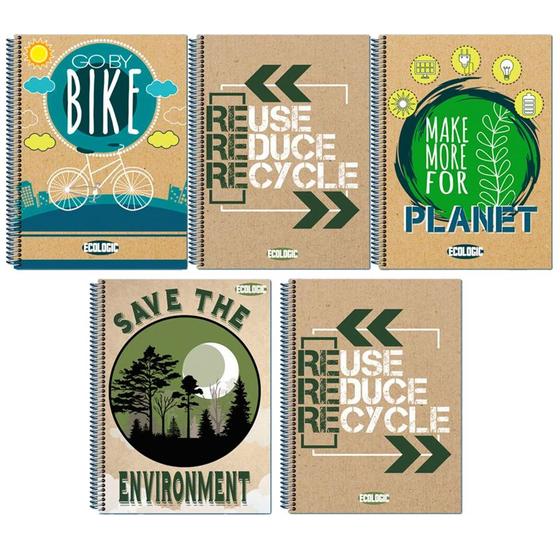 Imagem de Kit 5 Cadernos Ecologic Tamanho Grande Arame Com Pauta Capa Dura Reforçado
