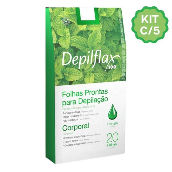 Imagem de Kit 5 Caixas Folhas Prontas Cera Depilatória Depilação Corporal Depilflax Hortela