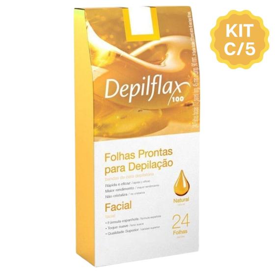 Imagem de Kit 5 Caixas Folhas Prontas Cera Depilatória Depilação Facial Depilflax Natural