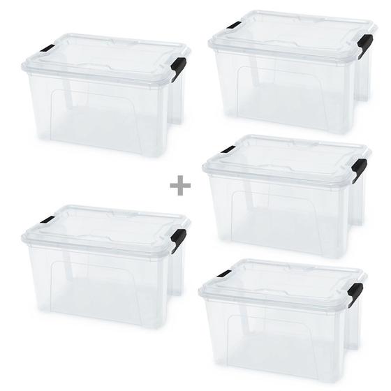 Kit 5 caixas organizadoras c/ trava 20l transparente utensilio plastica Menor preço em Kit 5 caixas organizadoras c/ trava 20l transparente utensilio plastica