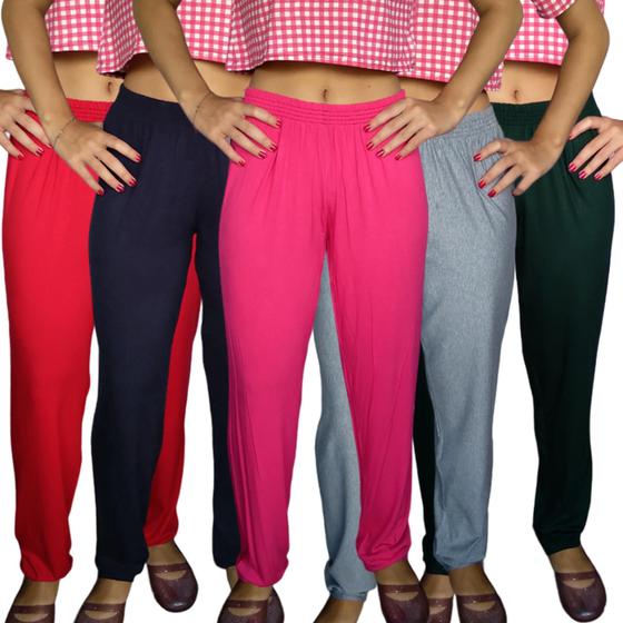 Imagem de Kit 5 Calças Femininas Soltinhas Elástico Lisas Cores Sortidas Viscolycra Pp ao Plus Size