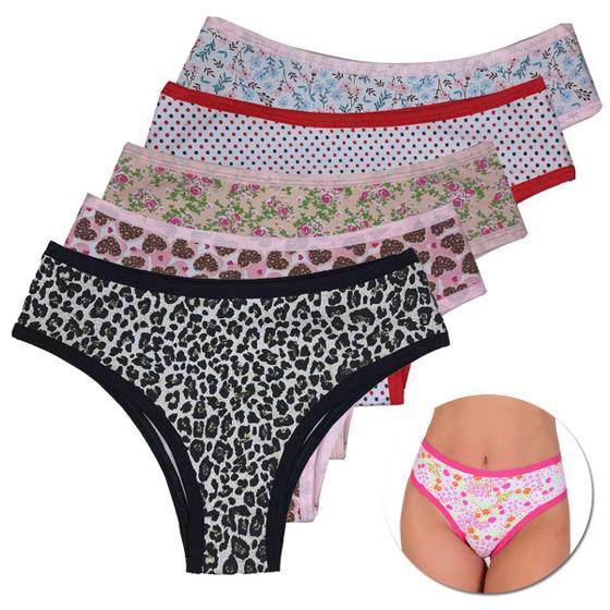 Imagem de Kit 5 Calcinha Cintura Alta Cotton Algodão Estampado Conforto Dia a Dia Lingerie Feminina de Fábrica