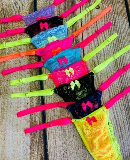 Imagem de kit 5 Calcinha Neon Tanga Bicolor Renda Moda Íntima Neon Com Regulagem e Forro