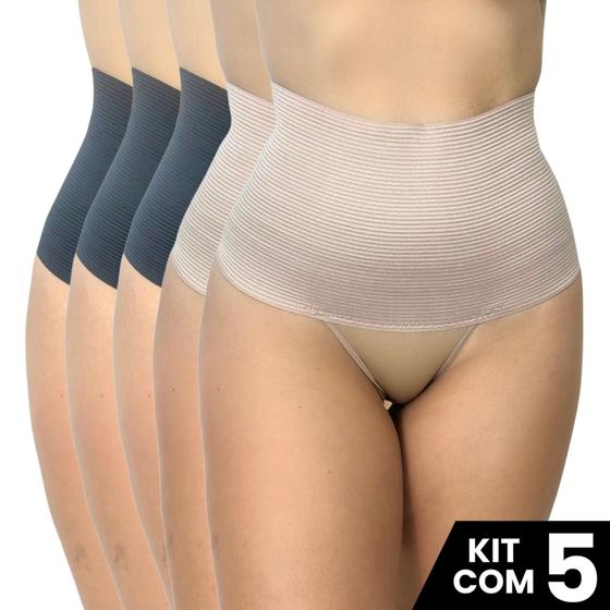 Imagem de Kit 5 Calcinhas Cinta Elastico 17cm Compressão Confortável Modeladora de Cintura Lingerie Funcional