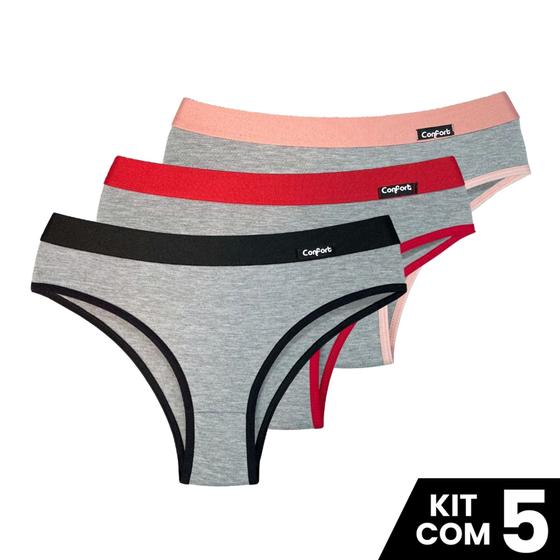 Imagem de kit 5 Calcinhas Conforto Viscolycra Algodão Com Viés na Cintura Elastico na Perna