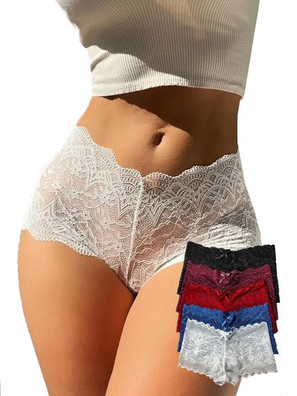 Imagem de Kit 5 Calcinhas Shortinho Shorts Renda Rendada Caleçon Calesson Tanga Sexy Forro Algodão Lingerie Confortável