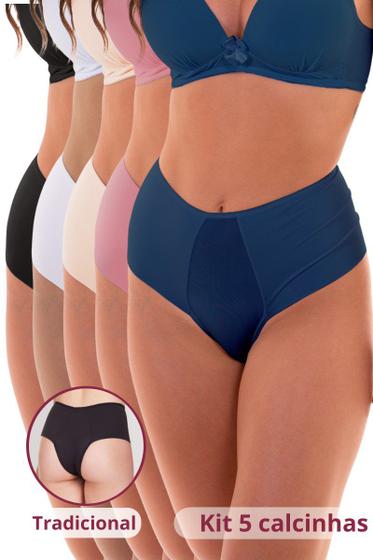 Imagem de Kit 5 Calcinhas Tradicional Lateral Larga Azul Atalaia, Rosê, Base, Branco e Preto