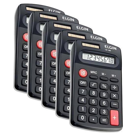 Imagem de Kit  5 Calculadora De Bolso Solar Pilha Blister Cb1485 Preta Elgin Preto