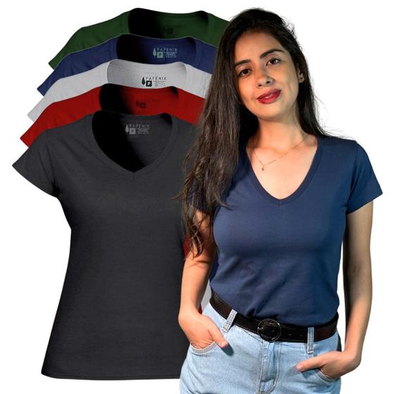 Imagem de Kit 5 Camiseta Feminina Blusinha Algodão Gola V Manga Curta