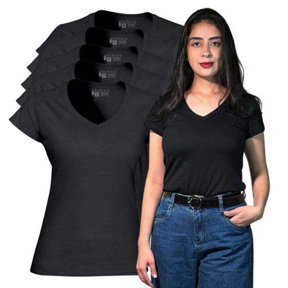 Imagem de Kit 5 Camiseta Feminina Blusinha Algodão Gola V Manga Curta