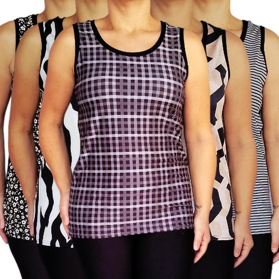 Imagem de Kit 5 Camisetas Femininas Regatas Básicas Peças Sortidas Costas em Preto Suplex Light PP Plus Size