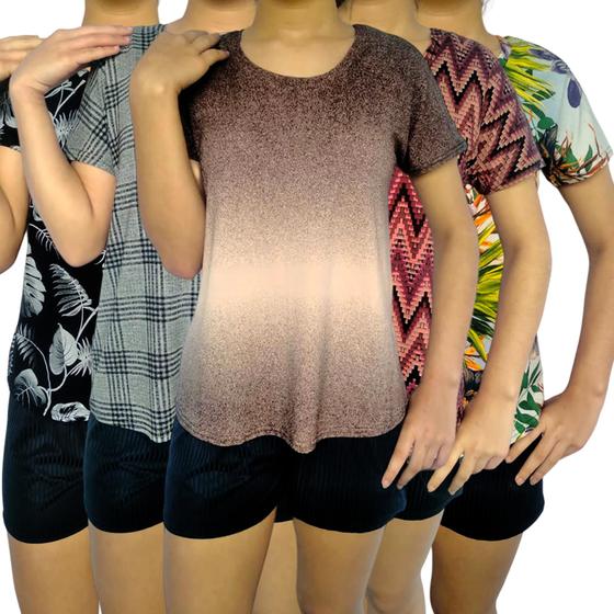 Imagem de Kit 5 Camisetas Femininas Soltinhas Gola Careca M. Curta Estampas Sortidas Viscolycra Pp Plus Size