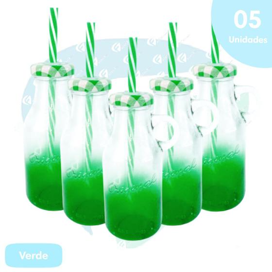 Imagem de Kit 5 Caneca De Vidro 250ml C/ Canudo Verde Retrô Drink