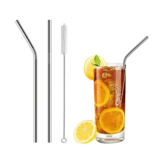 Imagem de Kit 5 Canudos de Aço Inox Com Escova Limpeza Reutilizáveis Ecológicos Cada com  3 Peças