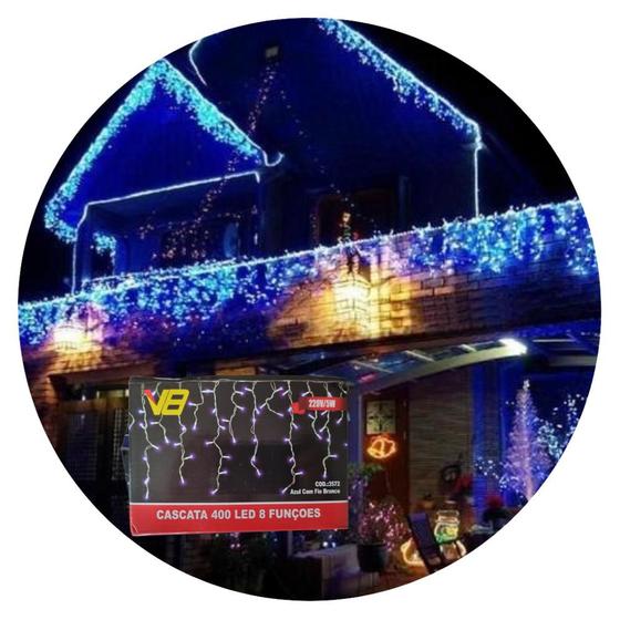 Imagem de Kit 5 Cascatas 400 Leds 10M C/ 8 Funções Azul C/ Fio Branco 220v