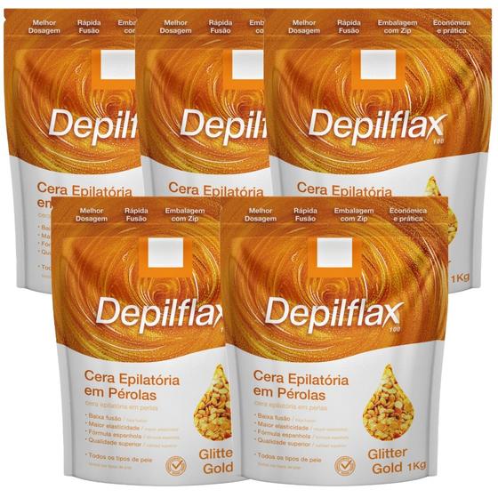 Imagem de Kit 5 Cera Quente Depilatória Profissional Glitter Gold Depilflax Em Perolas 1Kg Grande