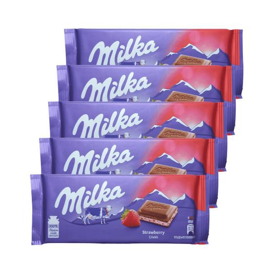 Imagem de Kit 5 Chocolate com sabor morango Milka Importado 100g