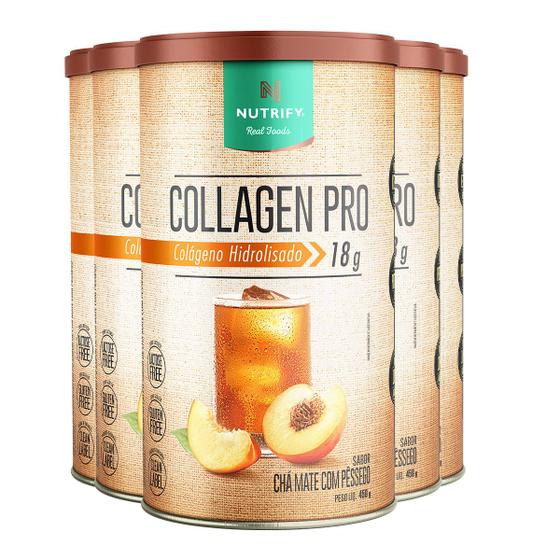 Imagem de Kit 5 Collagen Pro Colágeno Hidrolisado Chá Mate com Pessêgo Nutrify 450g