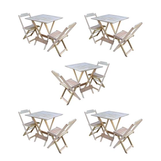 Imagem de Kit 5 Conjuntos de Mesa Dobravel com 2 Cadeiras de Madeira 70x70 para Restaurante e Bar - sem Pintur