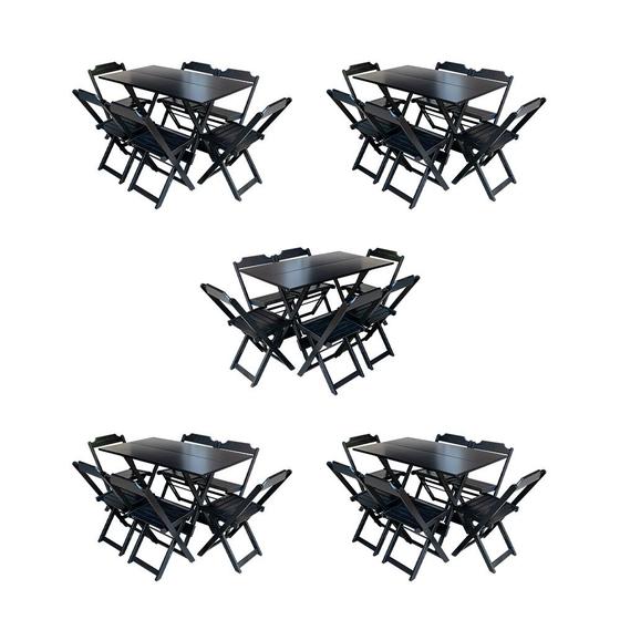 Imagem de Kit 5 Conjuntos de Mesa Dobravel com 6 Cadeiras de Madeira 120x70 para Restaurante e Bar - Preto